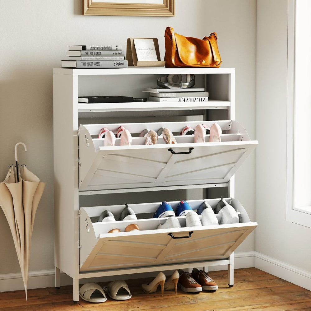 English Elm Metal Shoe Organizer Slim Steel Cabinet with Flip Doors and Open Rack for Entryway T2398P482740