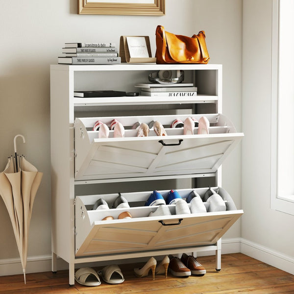 English Elm Metal Shoe Organizer Slim Steel Cabinet with Flip Doors and Open Rack for Entryway T2398P482740