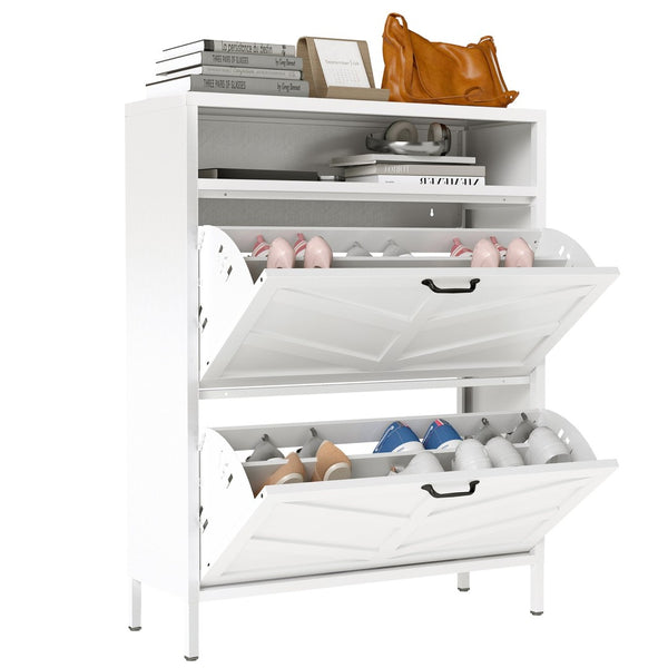 English Elm Metal Shoe Organizer Slim Steel Cabinet with Flip Doors and Open Rack for Entryway T2398P482740