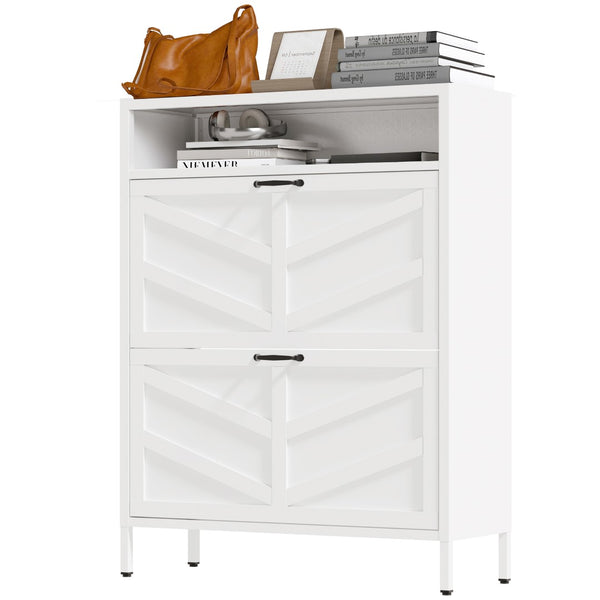 English Elm Metal Shoe Organizer Slim Steel Cabinet with Flip Doors and Open Rack for Entryway T2398P482740