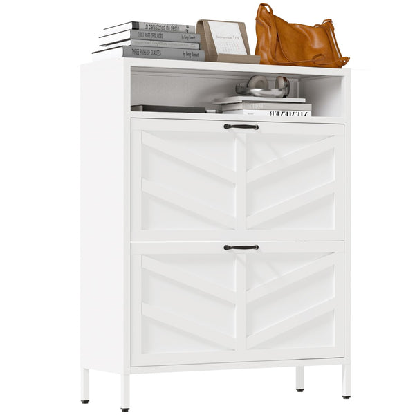 English Elm Metal Shoe Organizer Slim Steel Cabinet with Flip Doors and Open Rack for Entryway T2398P482740
