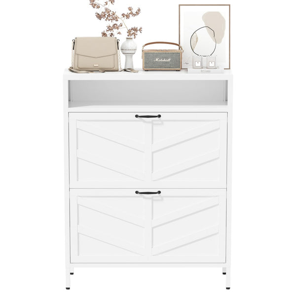 English Elm Metal Shoe Organizer Slim Steel Cabinet with Flip Doors and Open Rack for Entryway T2398P482740