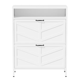 English Elm Metal Shoe Organizer Slim Steel Cabinet with Flip Doors and Open Rack for Entryway T2398P482740