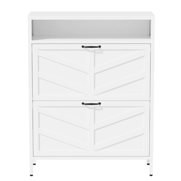 English Elm Metal Shoe Organizer Slim Steel Cabinet with Flip Doors and Open Rack for Entryway T2398P482740