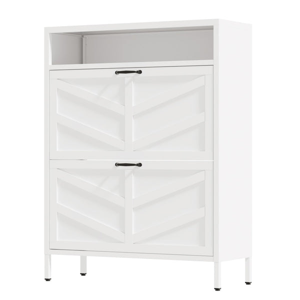 English Elm Metal Shoe Organizer Slim Steel Cabinet with Flip Doors and Open Rack for Entryway T2398P482740