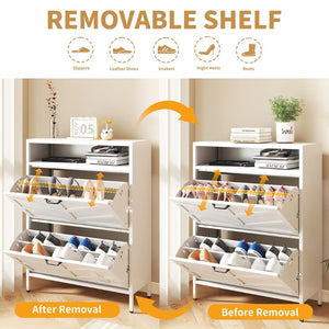 English Elm Metal Shoe Organizer Slim Steel Cabinet with Flip Doors and Open Rack for Entryway T2398P482740