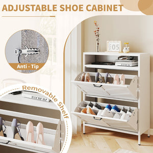 English Elm Metal Shoe Organizer Slim Steel Cabinet with Flip Doors and Open Rack for Entryway T2398P482740