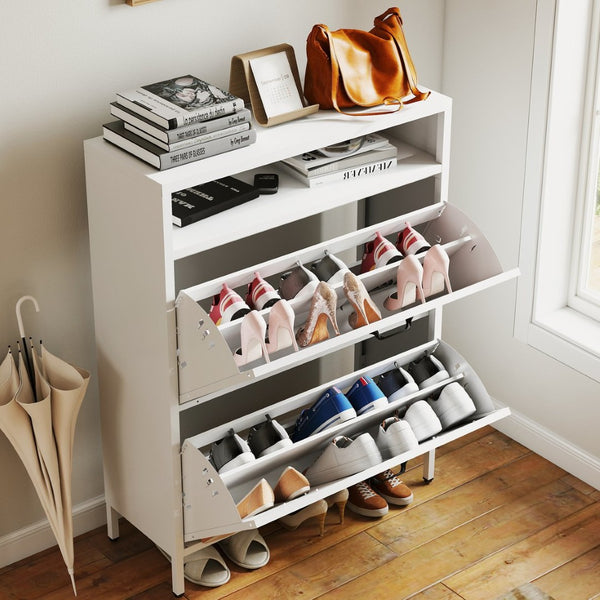 English Elm Metal Shoe Organizer Slim Steel Cabinet with Flip Doors and Open Rack for Entryway T2398P482740