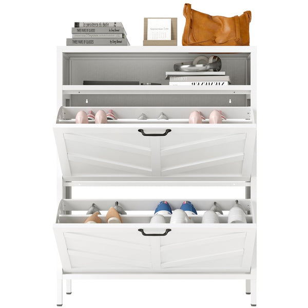 English Elm Metal Shoe Organizer Slim Steel Cabinet with Flip Doors and Open Rack for Entryway T2398P482740