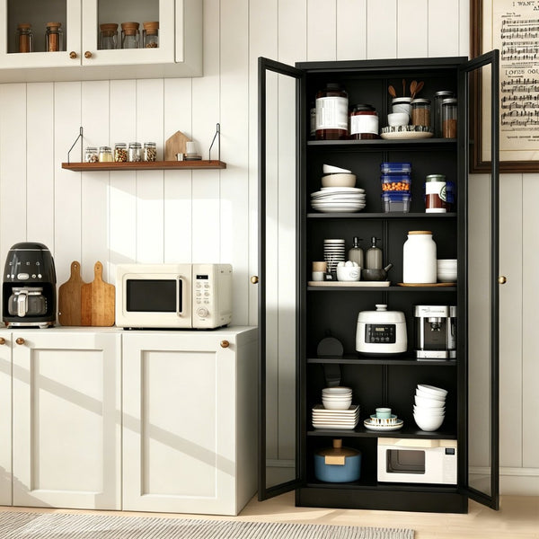 English Elm Metal Pantry Cabinet Industrial Steel Freestanding Tower with Glass Doors for Kitchen T2398P504064