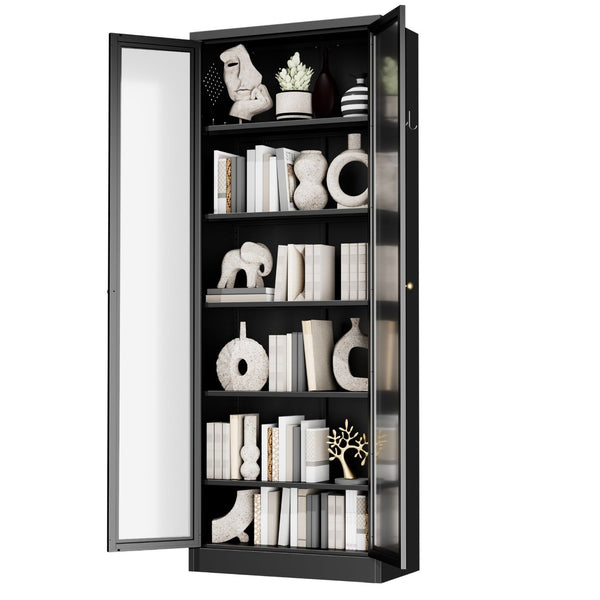 English Elm Metal Pantry Cabinet Industrial Steel Freestanding Tower with Glass Doors for Kitchen T2398P504064