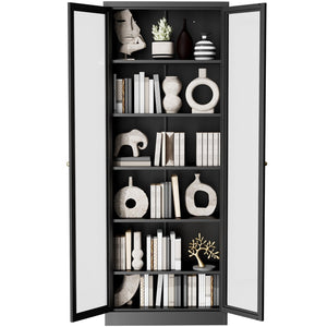 English Elm Metal Pantry Cabinet Industrial Steel Freestanding Tower with Glass Doors for Kitchen T2398P504064