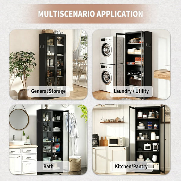 English Elm Metal Pantry Cabinet Industrial Steel Freestanding Tower with Glass Doors for Kitchen T2398P504064