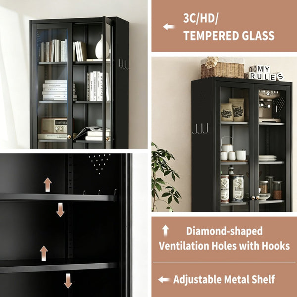 English Elm Metal Pantry Cabinet Industrial Steel Freestanding Tower with Glass Doors for Kitchen T2398P504064