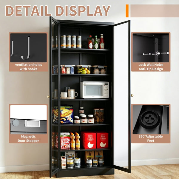English Elm Metal Pantry Cabinet Industrial Steel Freestanding Tower with Glass Doors for Kitchen T2398P504064