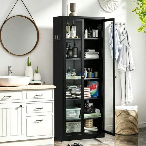 English Elm Metal Pantry Cabinet Industrial Steel Freestanding Tower with Glass Doors for Kitchen T2398P504064