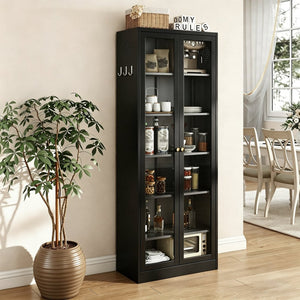 English Elm Metal Pantry Cabinet Industrial Steel Freestanding Tower with Glass Doors for Kitchen T2398P504064