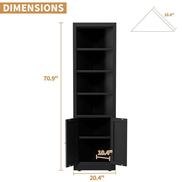 English Elm 71" Tall Corner Cabinet Steel Adjustable Shelves Freestanding Pantry Storage Black T2398P504065