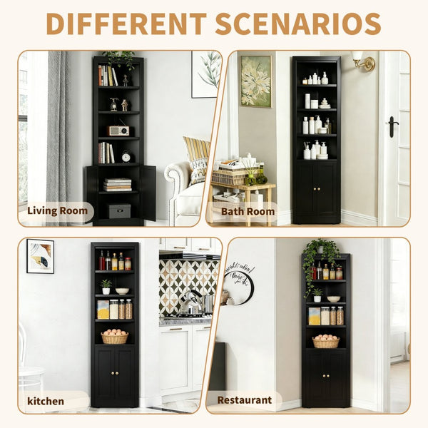 English Elm 71" Tall Corner Cabinet Steel Adjustable Shelves Freestanding Pantry Storage Black T2398P504065