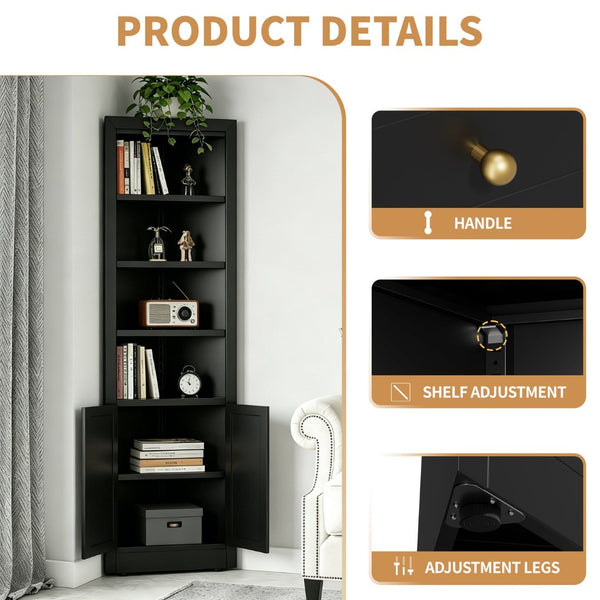 English Elm 71" Tall Corner Cabinet Steel Adjustable Shelves Freestanding Pantry Storage Black T2398P504065