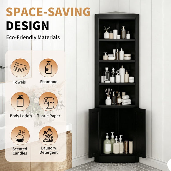 English Elm 71" Tall Corner Cabinet Steel Adjustable Shelves Freestanding Pantry Storage Black T2398P504065