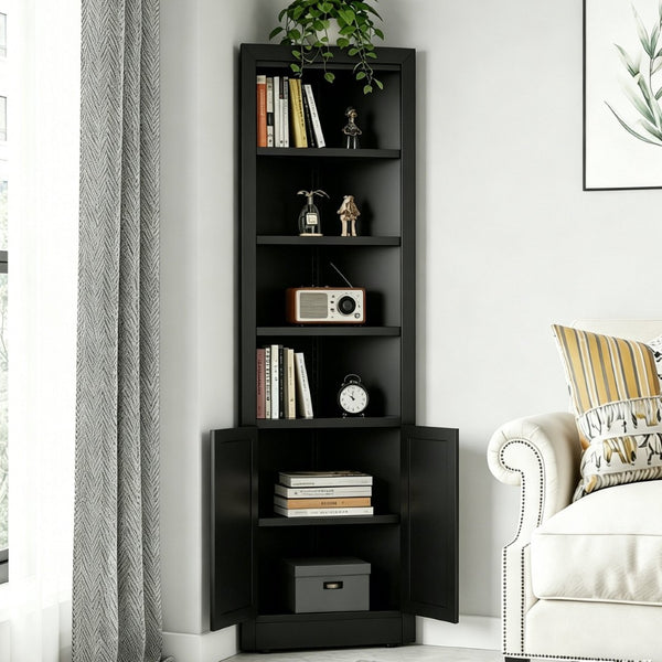 English Elm 71" Tall Corner Cabinet Steel Adjustable Shelves Freestanding Pantry Storage Black T2398P504065