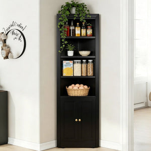 English Elm 71" Tall Corner Cabinet Steel Adjustable Shelves Freestanding Pantry Storage Black T2398P504065