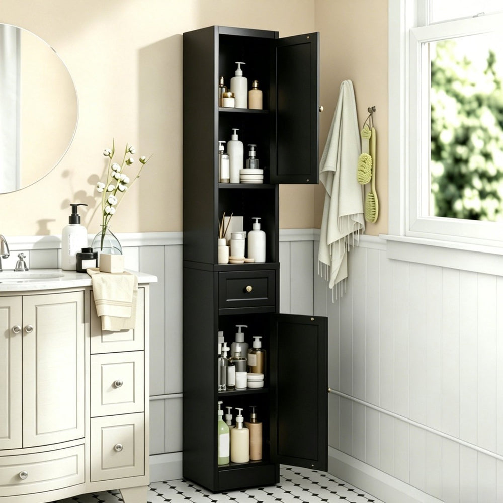 English Elm 71 Inch Matte Black Steel Tower Cabinet 5 Tier Shelving for Bathroom Pantry T2398P504066