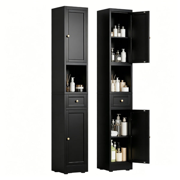 English Elm 71 Inch Matte Black Steel Tower Cabinet 5 Tier Shelving for Bathroom Pantry T2398P504066