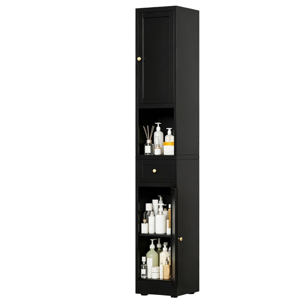 English Elm 71 Inch Matte Black Steel Tower Cabinet 5 Tier Shelving for Bathroom Pantry T2398P504066