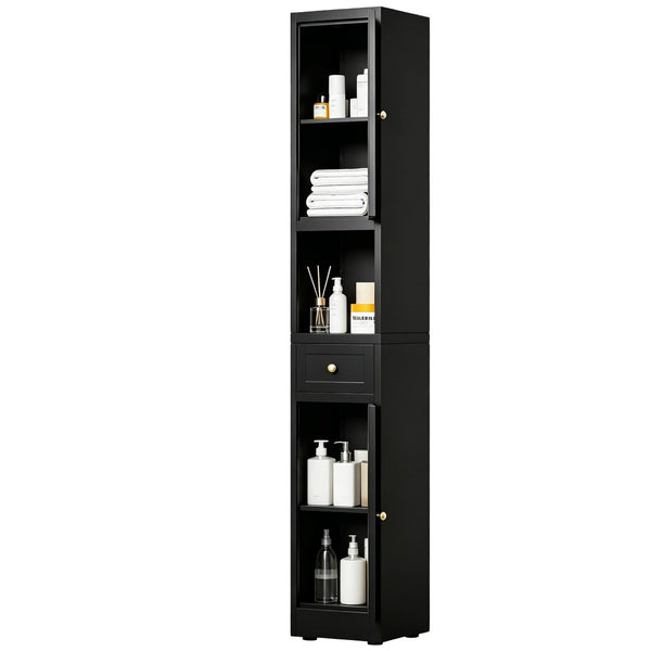 English Elm 71 Inch Matte Black Steel Tower Cabinet 5 Tier Shelving for Bathroom Pantry T2398P504066