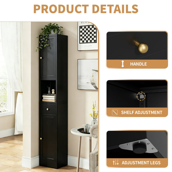 English Elm 71 Inch Matte Black Steel Tower Cabinet 5 Tier Shelving for Bathroom Pantry T2398P504066