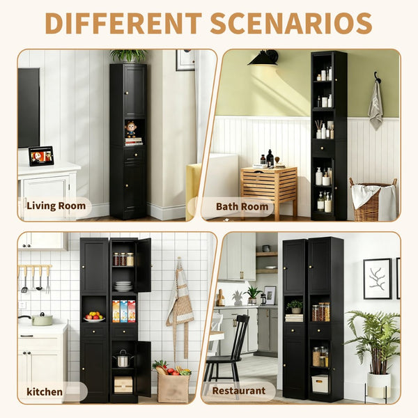 English Elm 71 Inch Matte Black Steel Tower Cabinet 5 Tier Shelving for Bathroom Pantry T2398P504066