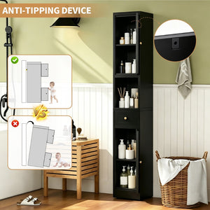 English Elm 71 Inch Matte Black Steel Tower Cabinet 5 Tier Shelving for Bathroom Pantry T2398P504066