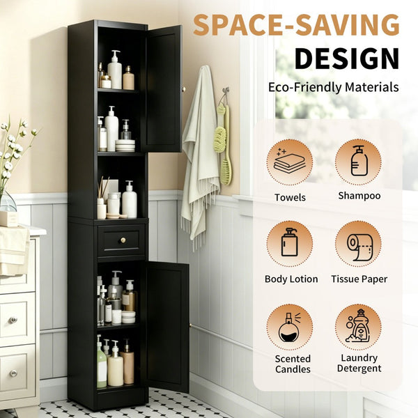 English Elm 71 Inch Matte Black Steel Tower Cabinet 5 Tier Shelving for Bathroom Pantry T2398P504066