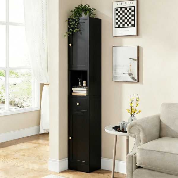 English Elm 71 Inch Matte Black Steel Tower Cabinet 5 Tier Shelving for Bathroom Pantry T2398P504066
