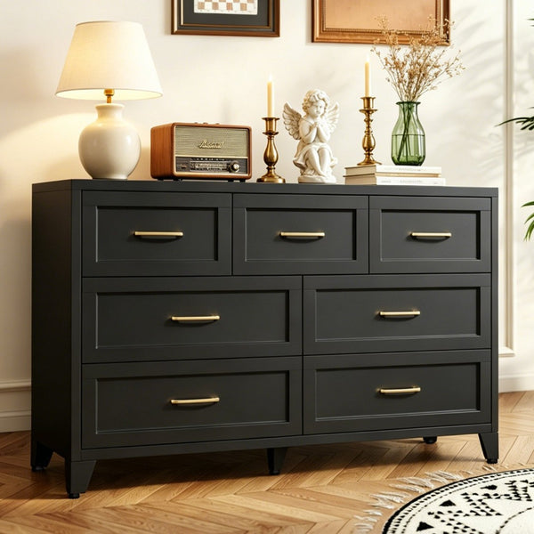 English Elm 7-Drawer Black Steel Low Profile Chest Slim Industrial Storage for Bedroom or Entryway T2398P507505