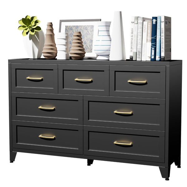 English Elm 7-Drawer Black Steel Low Profile Chest Slim Industrial Storage for Bedroom or Entryway T2398P507505