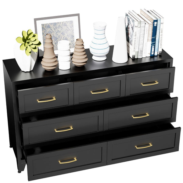 English Elm 7-Drawer Black Steel Low Profile Chest Slim Industrial Storage for Bedroom or Entryway T2398P507505