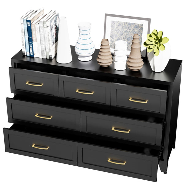 English Elm 7-Drawer Black Steel Low Profile Chest Slim Industrial Storage for Bedroom or Entryway T2398P507505
