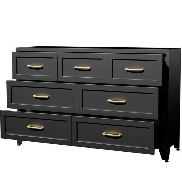English Elm 7-Drawer Black Steel Low Profile Chest Slim Industrial Storage for Bedroom or Entryway T2398P507505
