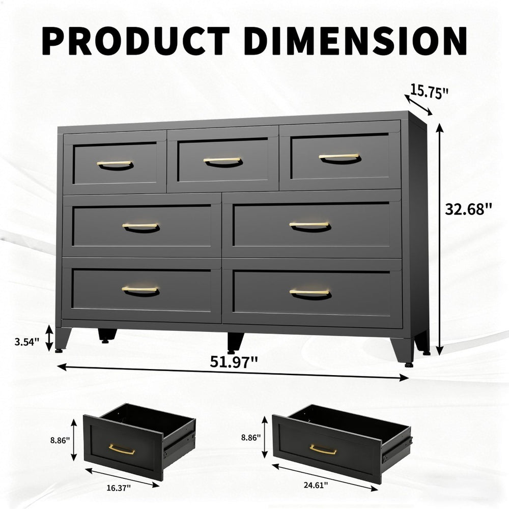 English Elm 7-Drawer Black Steel Low Profile Chest Slim Industrial Storage for Bedroom or Entryway T2398P507505