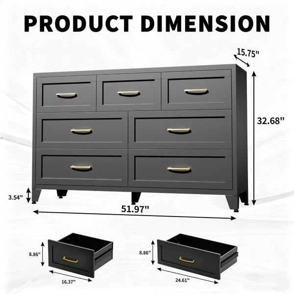 English Elm 7-Drawer Black Steel Low Profile Chest Slim Industrial Storage for Bedroom or Entryway T2398P507505