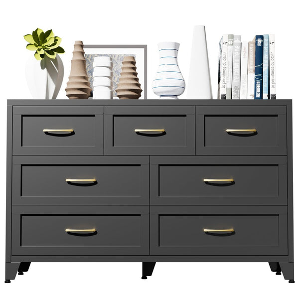 English Elm 7-Drawer Black Steel Low Profile Chest Slim Industrial Storage for Bedroom or Entryway T2398P507505