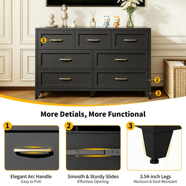 English Elm 7-Drawer Black Steel Low Profile Chest Slim Industrial Storage for Bedroom or Entryway T2398P507505