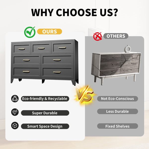 English Elm 7-Drawer Black Steel Low Profile Chest Slim Industrial Storage for Bedroom or Entryway T2398P507505