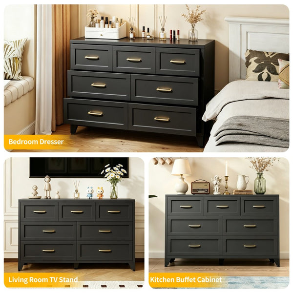English Elm 7-Drawer Black Steel Low Profile Chest Slim Industrial Storage for Bedroom or Entryway T2398P507505