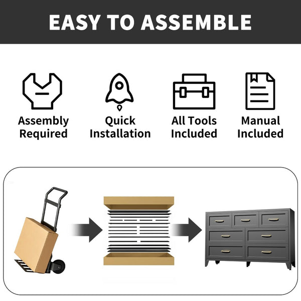 English Elm 7-Drawer Black Steel Low Profile Chest Slim Industrial Storage for Bedroom or Entryway T2398P507505