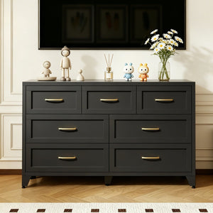 English Elm 7-Drawer Black Steel Low Profile Chest Slim Industrial Storage for Bedroom or Entryway T2398P507505
