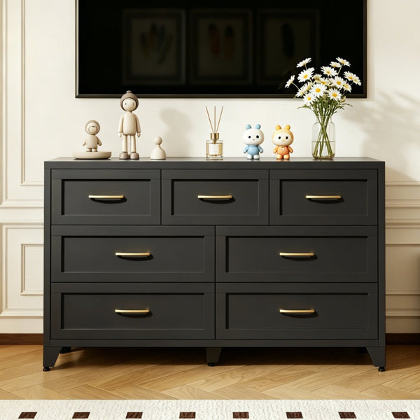 English Elm 7-Drawer Black Steel Low Profile Chest Slim Industrial Storage for Bedroom or Entryway T2398P507505